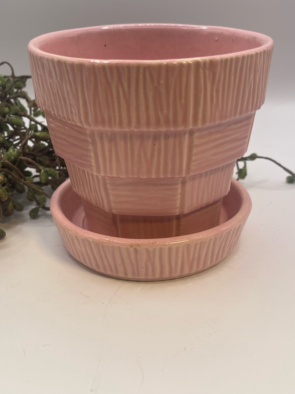 McCoy USA Pink Ceramic Planter with Saucer Basketweave